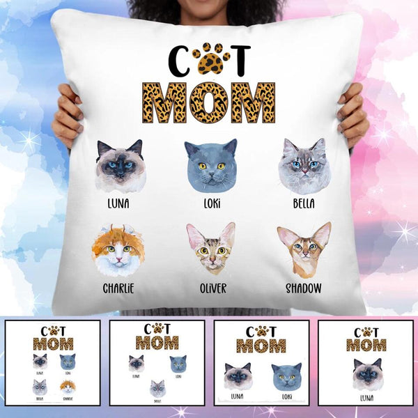 Personalized Cat Mom With One to Six Cats Pillow